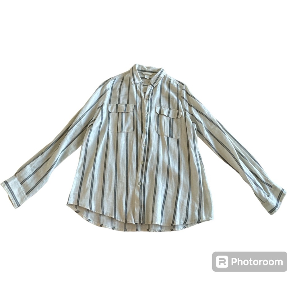 H&M White striped Linen button up shirt. Size 4